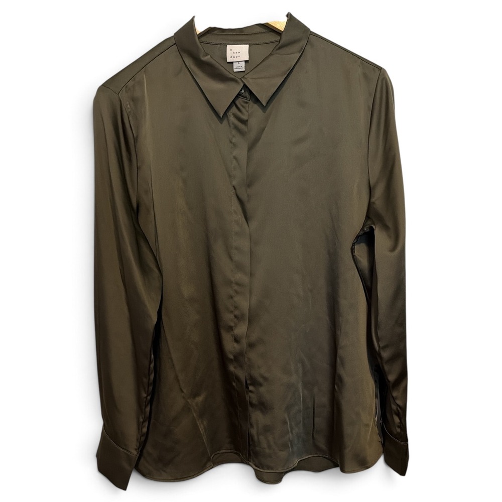 A New Day Olive Green Satin Long Sleeve Button Down Blouse Large L